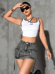 SHEIN PETITE 女士纯色休闲牛仔迷你裙，时尚夏季 - 淺灰色 - 查看 3