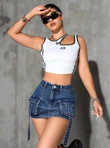 SHEIN PETITE 女式工装口袋A字休闲牛仔半身裙 - 深色水洗藍 - 查看 3