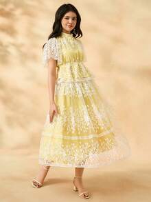 2pcs/Set Teenager Girls Elegant Floral Printed Stand Collar Ruffle Sleeve Blouse + Mid-Length Skirt Set - Yellow - View 5
