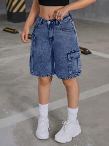 SHEIN 青少年女孩 Y2K 时尚低腰翻盖口袋宽松牛仔工装短裤，青少年女孩返校服装 - 深色水洗藍 - 查看 6