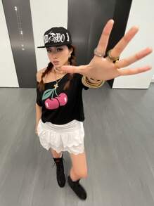 SHEIN 2pcs/Set Teen Girl Casual Simple Comfortable Oblique Shoulder T-Shirt With Ruffled Hem Skirt Set