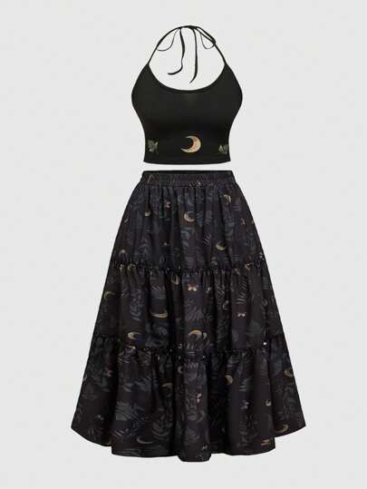 Goth Plus Size Gothic Moom & Plant Print Vintage 2 Pieces Set For Women - Camisole And Mini Skirt