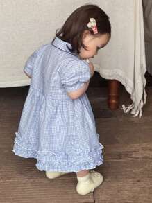 Hapijoa 女童韩版清新领口格子荷叶边下摆中长连衣裙 - 藍色 - 查看 2