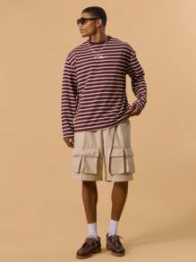 Musero Relaxed Fit Crew Neck Graphic Slogan Print Striped Long Sleeved Top Spring&Summer - Burgundy - View 5