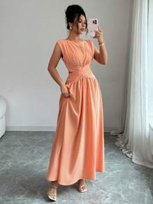 Selianne Vestido longo feminino elegante, simples, de alta qualidade, cor sólida, sem mangas, vintage, com cintura vazada, torcido, plissado, linha A, adequado para escritório, deslocamento, praia, férias, festival de música, primavera/verão