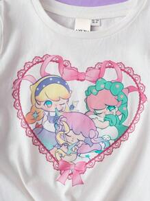 Pop Mart Azura X SHEIN 少女卡通梦幻公主心印花白色甜美休闲领带T恤和粉色可爱短裙套装 - 粉色 - 查看 3