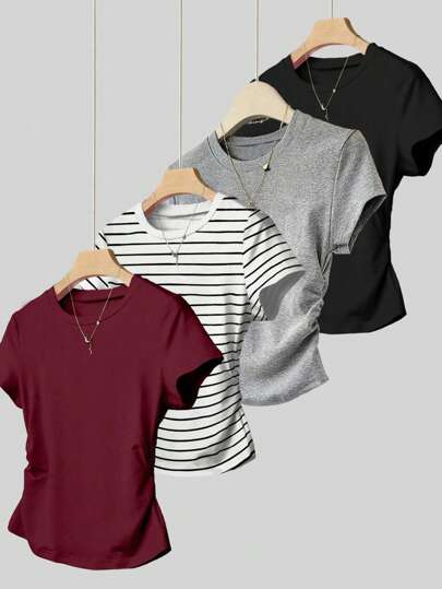 Camiseta casual de mujer con cuello redondo, manga corta y pliegues