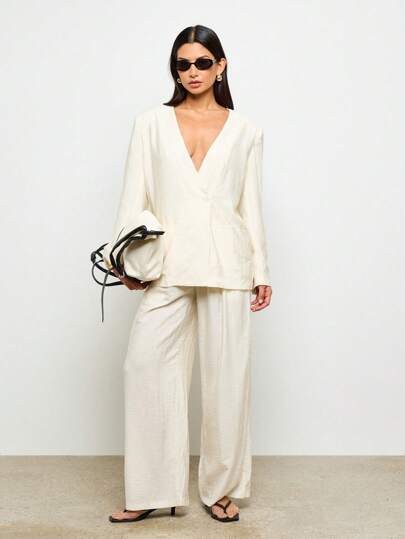 AiiRZ Modern Professional Linen Blend Single Breasted Blazer Oversized Deep V Neck Office Business Meeting Structured Jacket Lightweight Spring Summer Fall