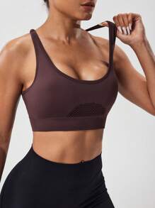 SHEIN Sports Women's Comfortable Brown Cropped Spaghetti Strap Sport Bra Top With Open-Back Lace-Up Detail For Yoga & Gym - Brown - View 5