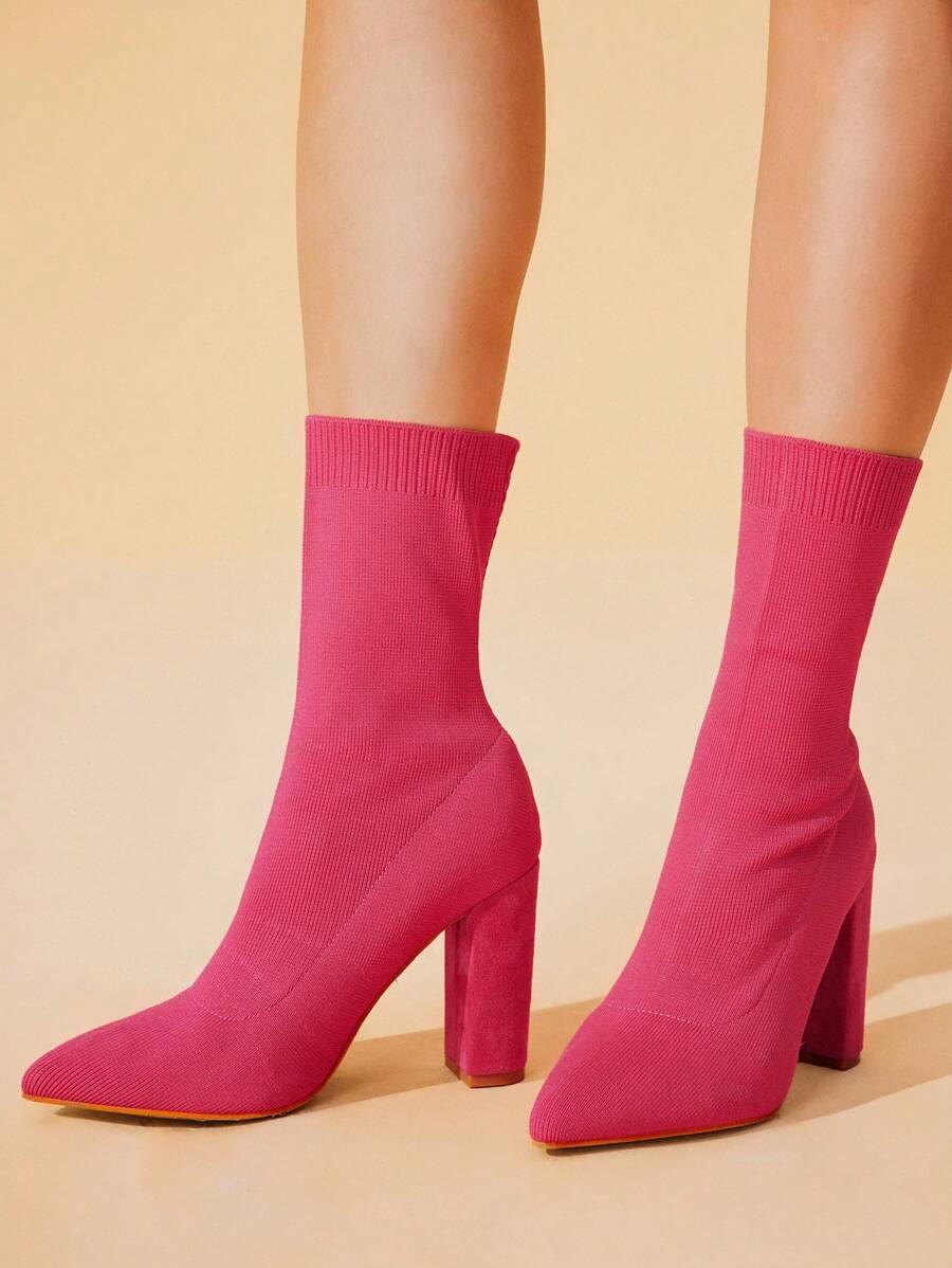 CUCCOO BASICS Botas de tobillo de punto de ajuste ceñido con tacón grueso y elástico de punta afilada para mujer, para el ambiente y los zapatos de primavera, Semana Santa - Rosa Fucsia - Ver 1