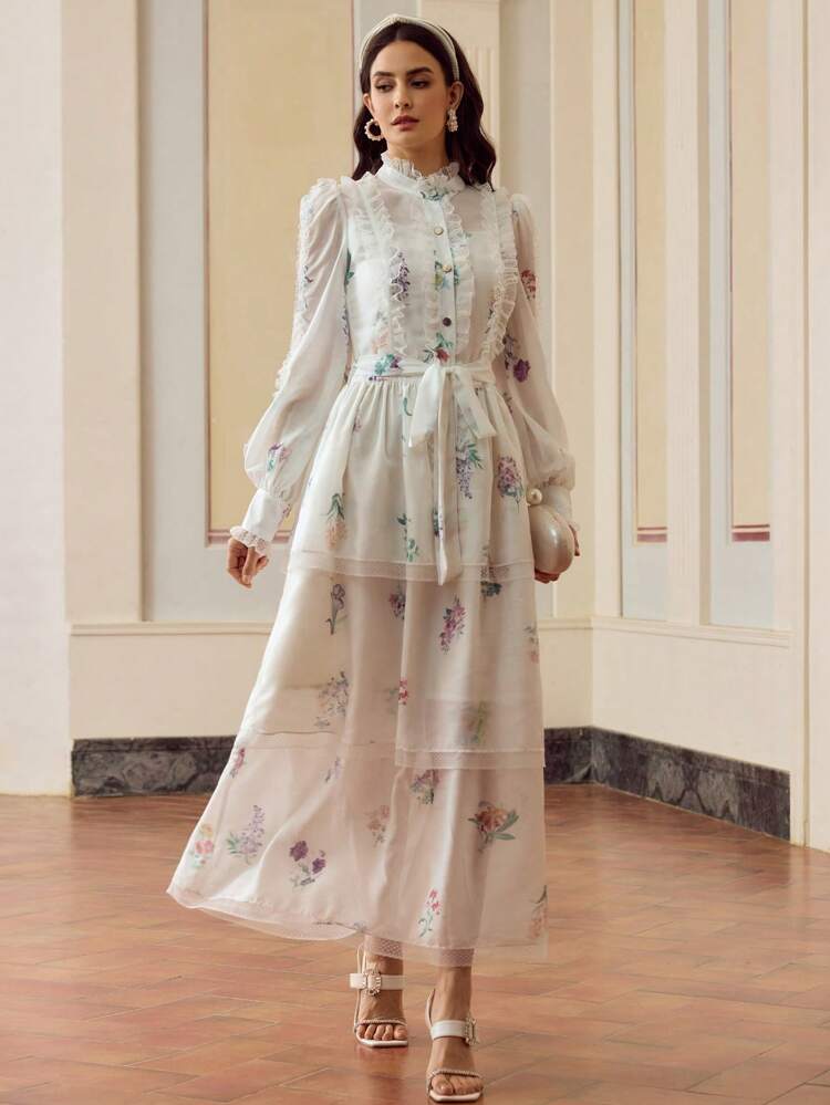 ZEYLAH Vestido Elegante com Estampa Floral, Recortes e Babados para Mulheres, Roupa de Outono
