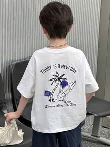 DAZY Tween Boys Oversized Round Neck Knit Printed Short Sleeve T-Shirt, Summer,Back To School Clothes