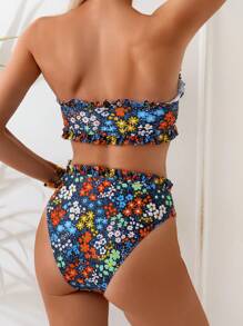 Swim Mod Set de 2 piezas de bikini con estampado de flores pequeñas, ropa de playa y traje de baño, para primavera/verano - Multicolor - Ver 2
