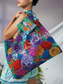 Frida Kahlo X SHEIN RPET可折叠印花手提包，礼品，精致花卉包，女士沙滩包，度假包，花卉沙滩包