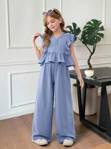 SHEIN Leap Crew Tween Girls Chiffon Ruffle V-Neck Blouse With Bowknot And Wide Leg Pants 2 Pieces Set, Casual Blue, Suitable For Spring Outings, Countryside, Garden Tea, Fashionable Outings, Back To School