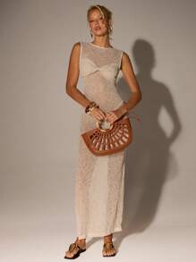 Avantive Vestido vaporoso, ajustado y sin mangas para mujer, sexy, ideal para la playa, de nueva temporada de verano - Beis - Ver 1