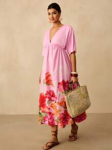 Travachic Große Größen Damen sexy V-Ausschnitt taillierte tropische Blumen Muster Maxikleid, lässiges Urlaubsparty Maxikleid