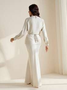 SHEIN Tall Long Sleeve Elegant Top And Fitted Skirt 2-Piece Set - Beige - View 2