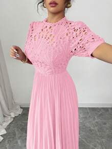Rafferiza 优雅奢华纯色镂空刺绣拼布百褶连衣裙 - 粉色 - 查看 4