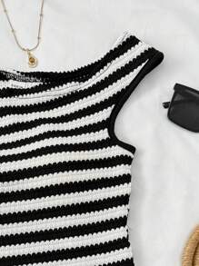 SHEIN 2pcs/Set Teen Girls Striped Asymmetric Shoulder Knitted Tank Top And Ultra Low Waist Skinny Shorts, Suitable For Holiday, Party, Christmas, Valentine's Day, Date, Beach, Cruise, Carnival, Easter