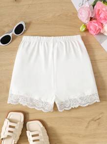 Tween Girls Casual Fashionable White Knit Lace Trim Snug Fit Shorts