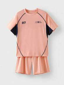 JNSQ Back To School Clothes, Tween Boys Outdoor Sports Short Sleeve Shorts Uniform T-Shirt Set Children's Round Neck Patchwork Contrast Color Funny Letter Print Outdoor Sports Short Sleeve Jersey Set - Orange - View 6