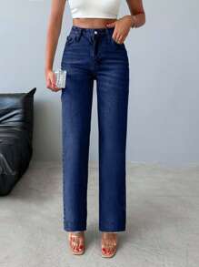 RueChic 100%纯棉高腰直筒牛仔裤