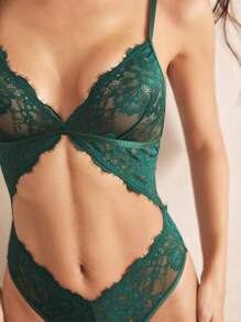 Charlaine 浪漫优雅蕾丝睫毛性感诱惑女士连体衣绿色蕾丝内衣深绿色内衣镂空内衣绿色泰迪蕾丝泰迪外出 - 墨綠色 - 查看 5