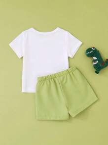 SHEIN Playful Pals Áo thun và quần đùi ngắn tay cổ tròn in hình khủng long hoạt hình cho bé trai, trang phục thường ngày dễ thương mùa hè - Nhiều màu - Xem 2