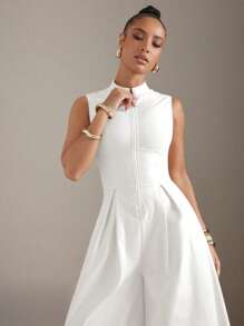 Hauture 超宽腿拉链前无袖连体裤 - 白色 - 查看 2