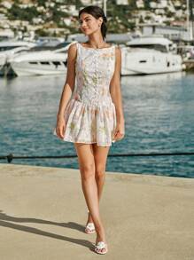 Enchnt 春夏浪漫女式优雅白色小碎花露背无袖单肩迷你连衣裙，适合度假、甜美优雅度假、约会、节日、派对、毕业典礼、婚礼嘉宾和海滩、舞会礼服、女士夏季连衣裙、夏季服装、优雅派对连衣裙 - 白色 - 查看 7