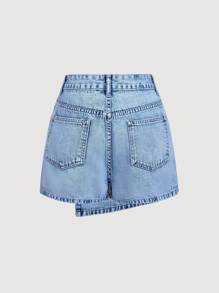 SHEIN PETITE Women's Embroidered Minimalist Casual Denim Shorts - Blue - View 2
