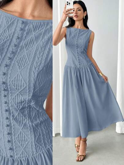 Modelyn Women's Summer Elegant Solid Color Textured Sleeveless Mid-Length Dress