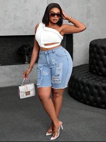 SHEIN SXY Plus Size Women Cowgirl Style Frayed Sexy Denim Shorts, Vacation Autumn Festival Biker Shorts Elegant - Blue - View 4