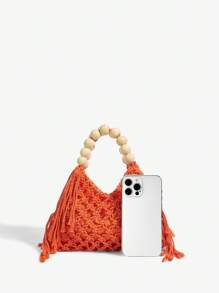 SHEIN SXY 女士时尚夏季度假钩针编织木珠手提包 - 橘色 - 查看 4