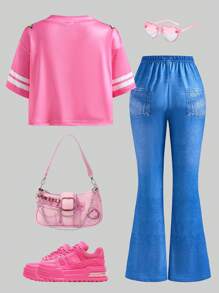 SHEIN Teen Girls' Letter Print Short Sleeve T-Shirt And Flared Jeans-Look Pants Set, Summer