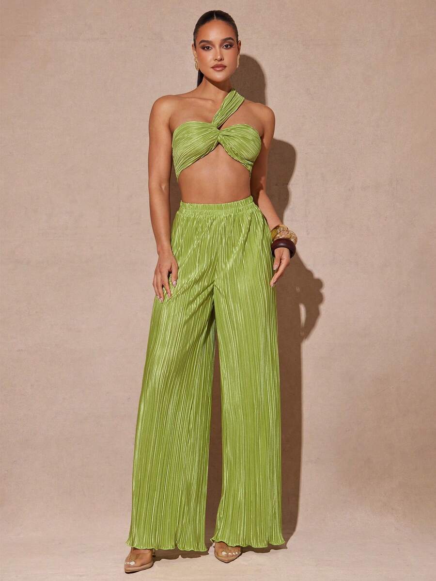 Silquee Áo crop top vải họa tiết màu xanh lá cây chanh với thiết kế xoắn và chân váy xẻ, thích hợp cho kỳ nghỉ hè ở bãi biển - Màu xanh chanh - Xem 1