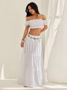 SHEIN PETITE Women's Vacation Style Off Shoulder Ruffle Hem Crop Top And Drawstring Waist Tiered Hem Maxi Skirt Set, Summer - White - View 1