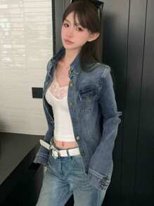 DAZY 水洗蓝色领口弹力修身长袖牛仔衬衫，春秋装，牛仔夹克，秋季女装 - 中等水洗藍 - 查看 4