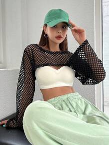 DAZY Solid Hollow Out Crop Top Festival Sheer Long Sleeve Women Tops