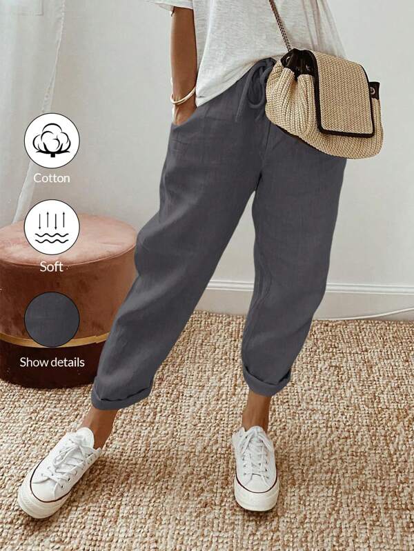 Calvaya Women's Solid Color Waist Tie Casual Long Pants With Pockets