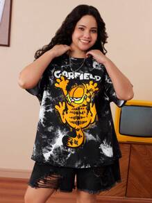 GARFIELD | SHEIN 大码字母和卡通图案圆领短袖T恤 - 黑色 - 查看 4