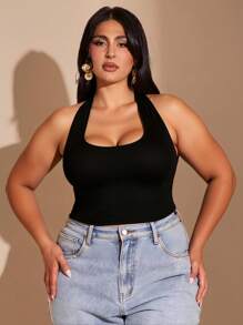 SHEIN BAE Plus Size Women White Halter Neck Cropped Tank Top, Suitable For Summer - Black - View 4