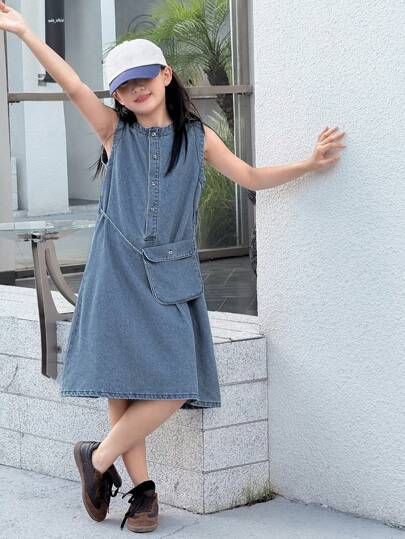 Dazy Kids 女童无袖牛仔连衣裙，青少年女孩秋季服装