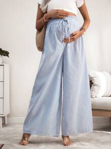 SHEIN 孕妇休闲条纹荷叶边抽绳腰阔腿裤 - 藍白色 - 查看 1