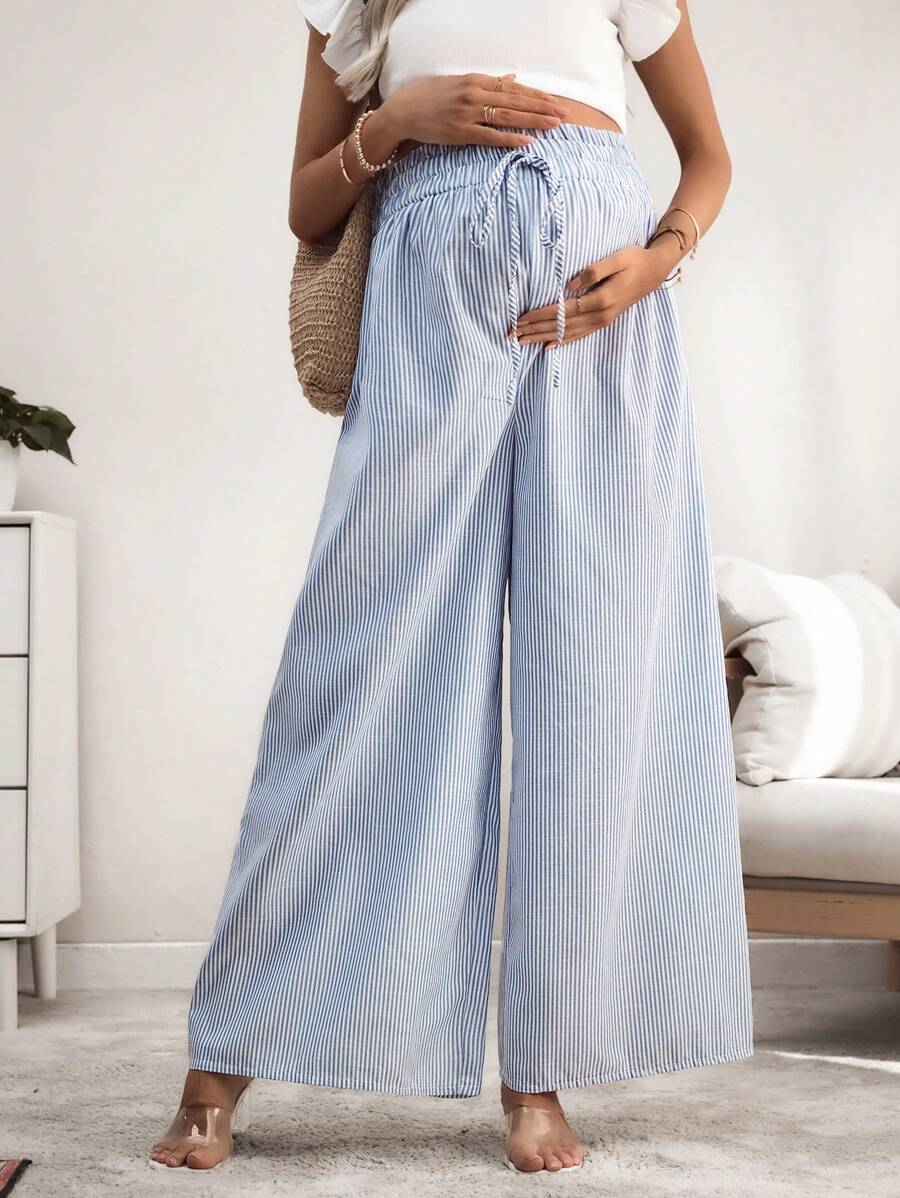 SHEIN 孕妇休闲条纹荷叶边抽绳腰阔腿裤 - 藍白色 - 查看 1