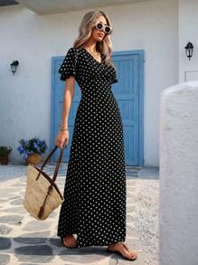 SHEIN VCAY 大码优雅圆点印花V领荷叶边袖连衣裙 - 黑與白 - 查看 3