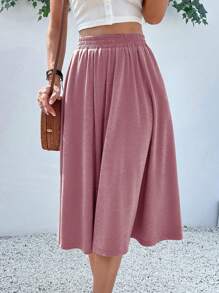 Breezaya 女士纯色松紧腰口袋休闲宽松半身裙 - 粉色 - 查看 4