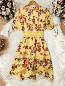 SHEIN PETITE Women's Floral Print Contrast Lace Short Sleeve Vacation Dress - Yellow - View 2