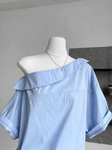 INAWLY Blusa asimétrica de hombro, manga corta, ajustada y con vuelo, estilo coreano chic, elegante para uso diario y para ir a la oficina para mujeres - Azul - Ver 3